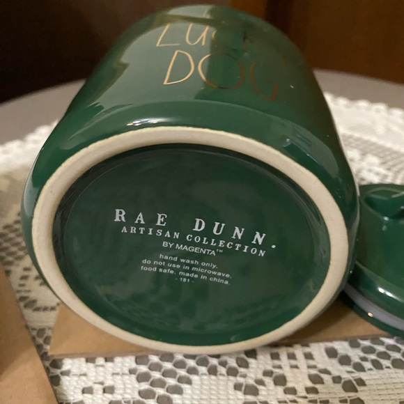 New Rae Dunn Lucky Dog Canister with Lid Color is  Green with  Gold writing. - Picture 3 of 8